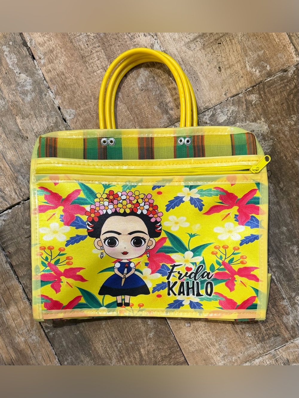 Frida Kahlo yellow woven poly mesh bag